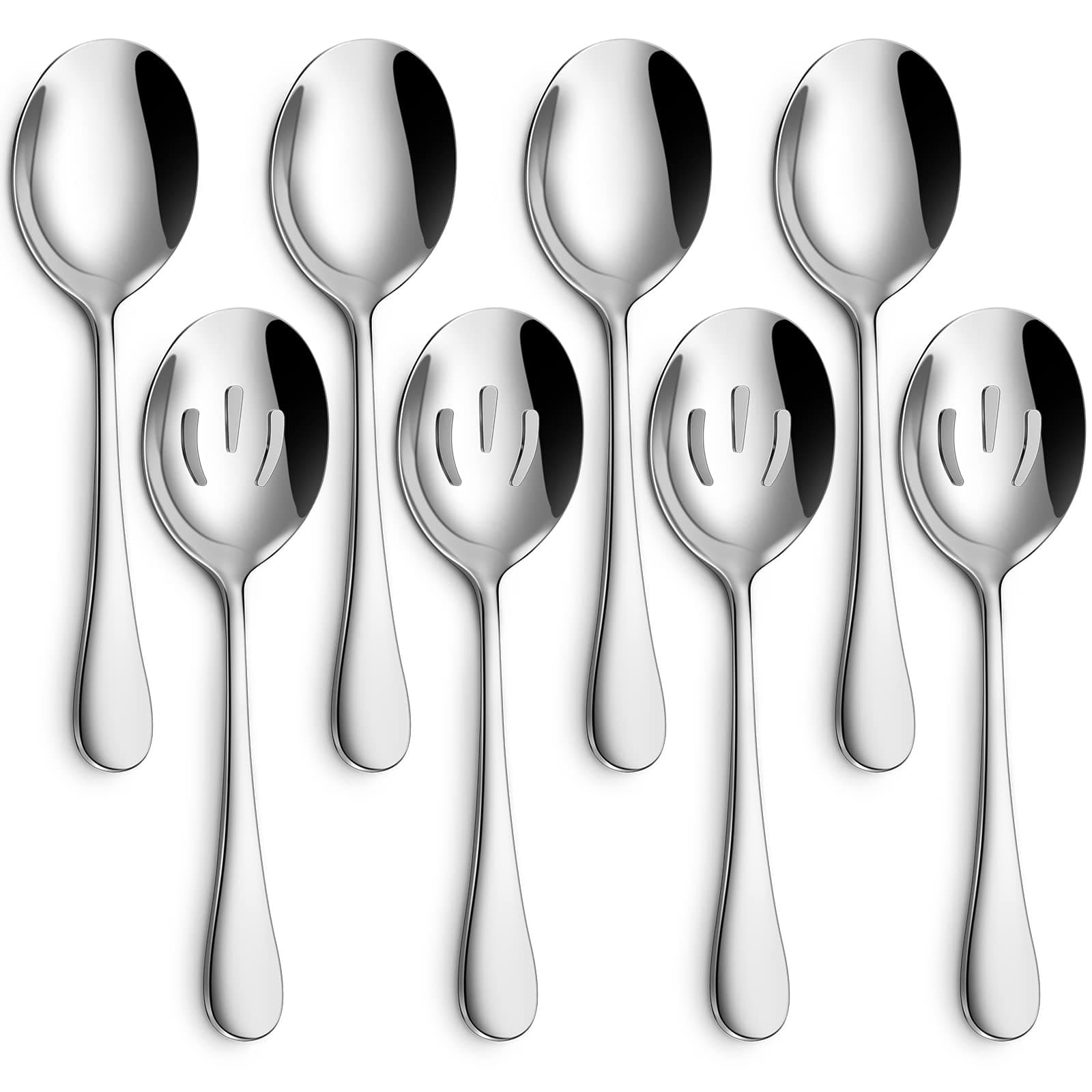 Hiware 8 Pack Stainless Steel Serving Spoons Set Includes 4 Serving Spoons and 4 Slotted Serving Spoons, Buffet Serving Utensils - Mirror Polished, Dishwasher Safe