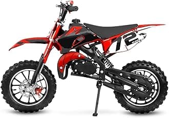 Gas Powered 49cc Dirt Bike, 24 MPH Max, Dual Suspension, Front/Rear Disc Brakes, Simple Pull Start, Trail Motorcycle Red